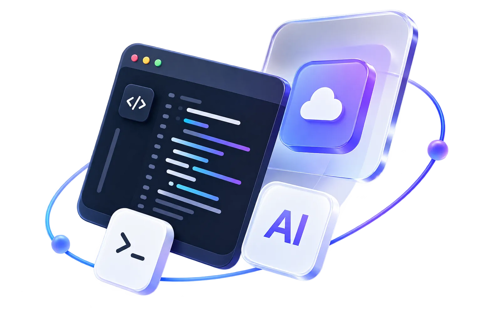 3D illustration of code, cloud, and AI tools